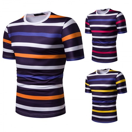 New Summer Men's Short-Sleeved T-Shirt Men's Contrast Striped Slim Casual T-Shirt