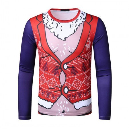 New 3D Personality Printing Fashion Men's Christmas Button Pattern Long-Sleeved T-Shirt