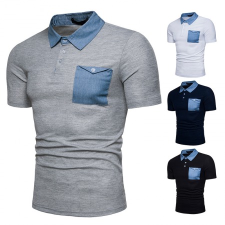 New Fashion Denim Stitching Men's Lapel Short Sleeve Polo